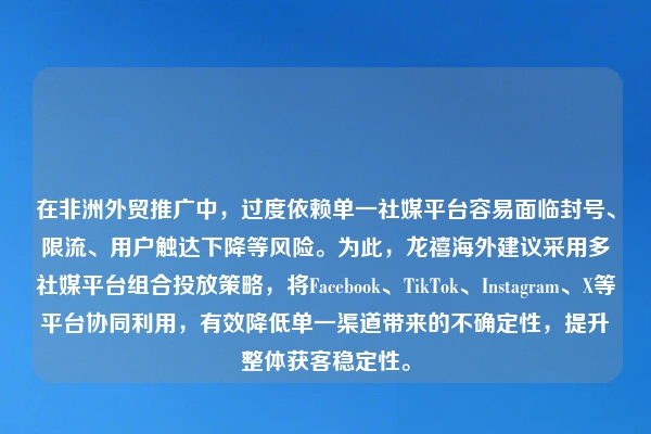 在非洲外贸推广中，过度依赖单一社媒平台容易面临封号、限流、用户触达下降等风险。为此，龙禧海外建议采用多社媒平台组合投放策略，将Facebook、TikTok、Instagram、X等平台协同利用，有效降低单一渠道带来的不确定性，提升整体获客稳定性。