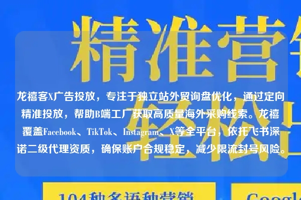龙禧客X广告投放，专注于独立站外贸询盘优化，通过定向精准投放，帮助B端工厂获取高质量海外采购线索。龙禧覆盖Facebook、TikTok、Instagram、X等全平台，依托飞书深诺二级代理资质，确保账户合规稳定，减少限流封号风险。