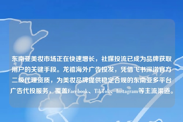 东南亚美妆市场正在快速增长,社媒投流已成为品牌获取用户的关键手段。龙禧海外广告投发,凭借飞书深诺官方二级代理资质,为美妆品牌提供稳定合规的东南亚多平台广告代投服务,覆盖Facebook、TikTok、Instagram等主流渠道。