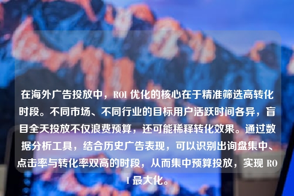 在海外广告投放中,ROI 优化的核心在于精准筛选高转化时段。不同市场、不同行业的目标用户活跃时间各异,盲目全天投放不仅浪费预算,还可能稀释转化效果。通过数据分析工具,结合历史广告表现,可以识别出询盘集中、点击率与转化率双高的时段,从而集中预算投放,实现 ROI 最大化。