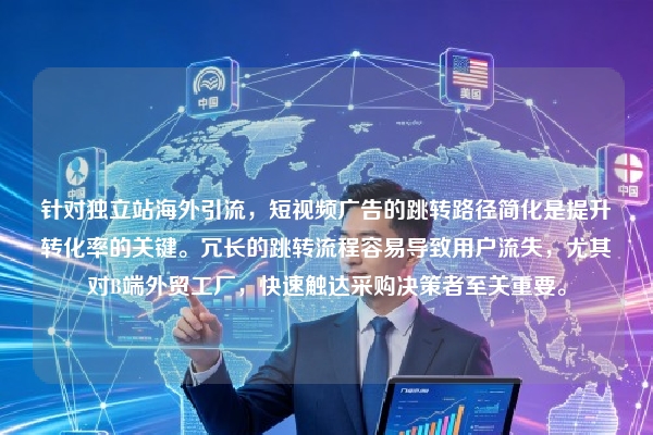 针对独立站海外引流,短视频广告的跳转路径简化是提升转化率的关键。冗长的跳转流程容易导致用户流失,尤其对B端外贸工厂,快速触达采购决策者至关重要。