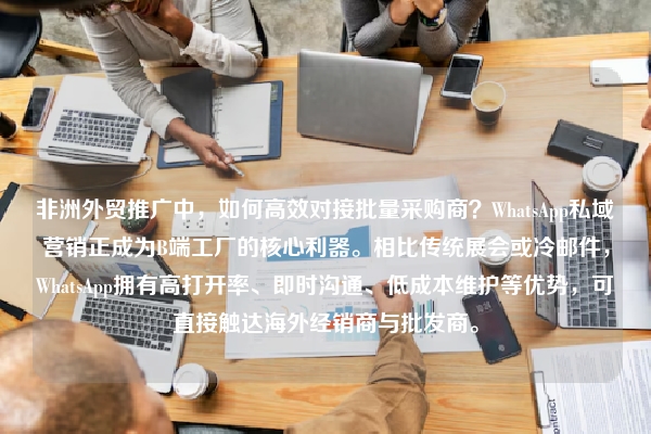 非洲外贸推广中，如何高效对接批量采购商？WhatsApp私域营销正成为B端工厂的核心利器。相比传统展会或冷邮件，WhatsApp拥有高打开率、即时沟通、低成本维护等优势，可直接触达海外经销商与批发商。