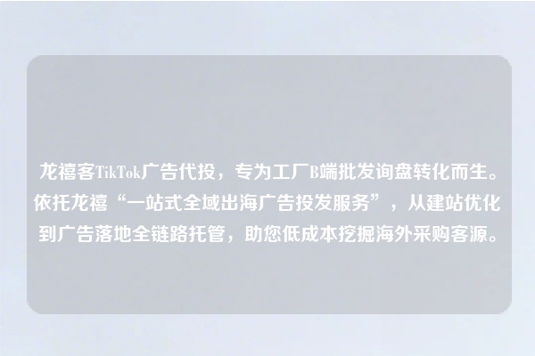 龙禧客TikTok广告代投，专为工厂B端批发询盘转化而生。依托龙禧“一站式全域出海广告投发服务”，从建站优化到广告落地全链路托管，助您低成本挖掘海外采购客源。